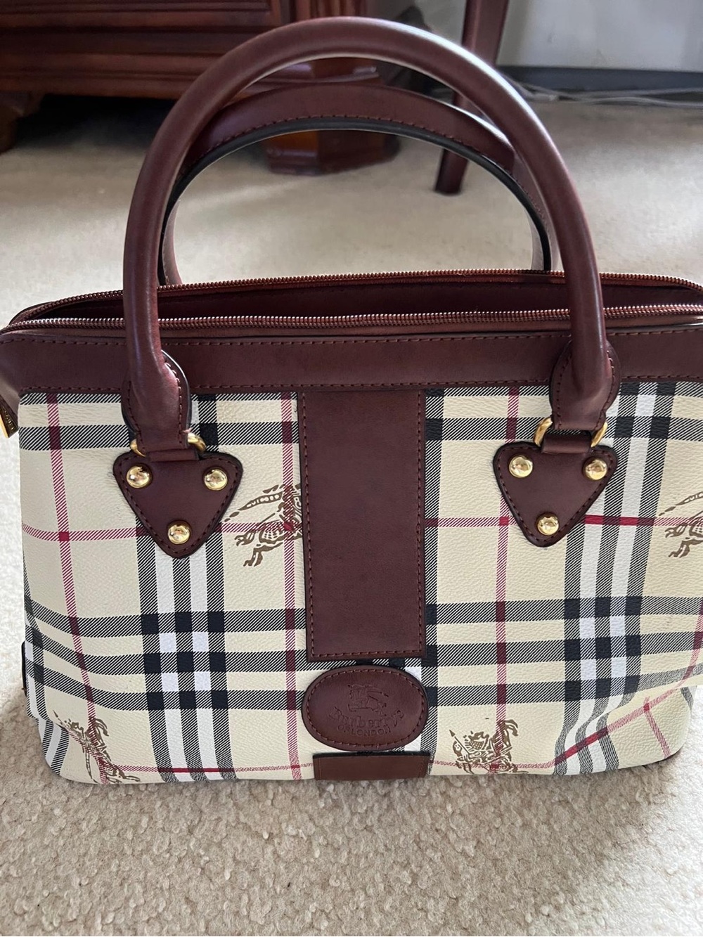 Burberry Cream Plaid Satchel with Brown Leather Trim and Gold Hardware